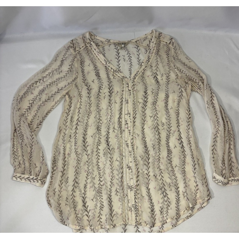 Lucky Brand Semi Sheer Floral Beige Long Sleeve Tunic Blouse Women's XS